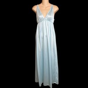 70s Vintage Blue Texsheen Deep Plunge Bust Silky soft Nylon Nightgown S